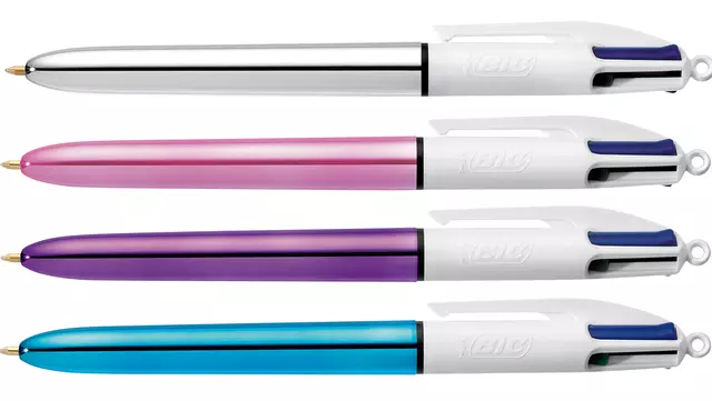 Een Balpen Bic 4kleuren shine medium zilver/paars/roze/blauw koop je bij Sysdicom BV