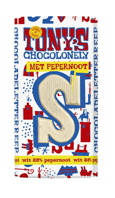 Chocoladeletter Tony's Chocolonely wit pepernoot S 180gr