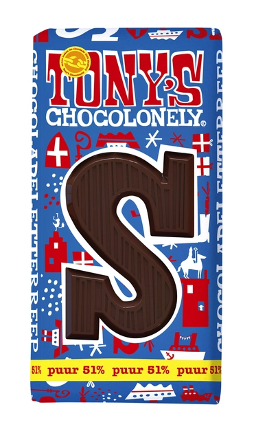 Chocoladeletter Tony's Chocolonely puur S 180gr