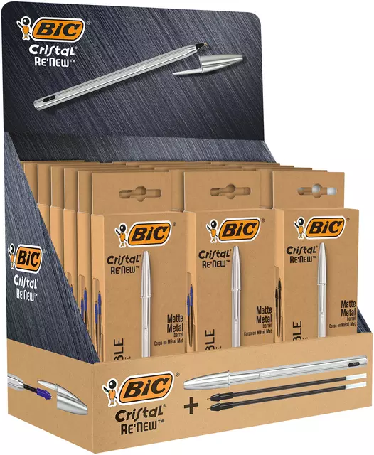 Balpen Bic Cristal Re-new medium assorti blister à 1 pen + 2 vullingen in display