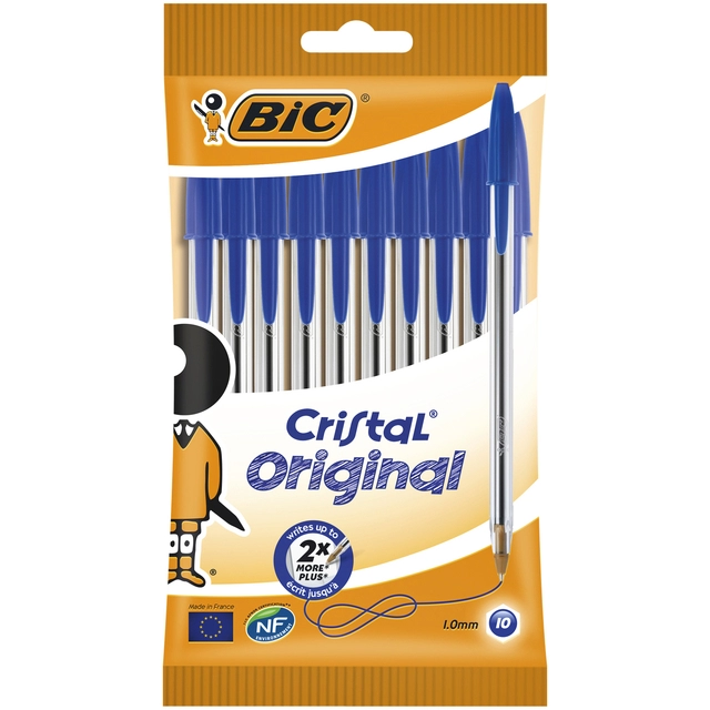 Balpen Bic Cristal medium blauw zakje à 10 stuks