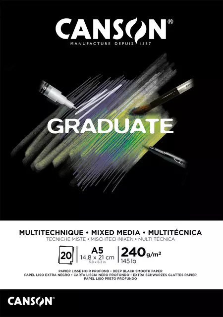 Tekenblok Canson Graduate Mixed Media black paper A5 20vel 240gr