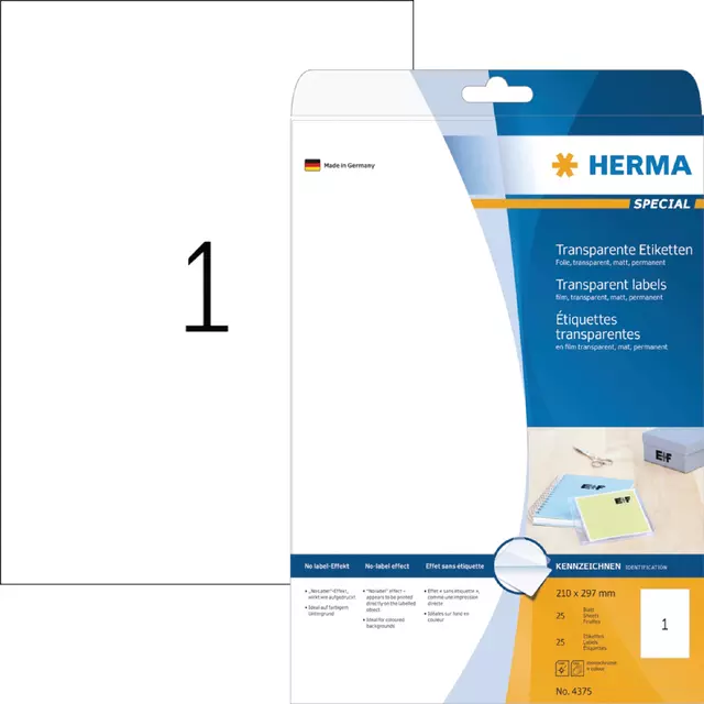 Een Etiket HERMA 4375 210x297mm A4 transparant 25stuks koop je bij All Office Kuipers BV