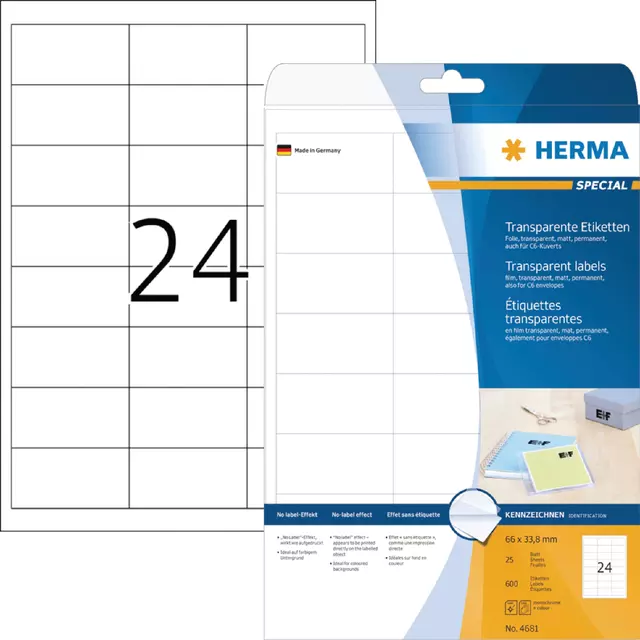 Een Etiket HERMA 4681 66x33.8mm transparant 600stuks koop je bij All Office Kuipers BV
