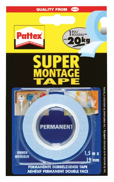 Een Plakband Pattex 19mmx1.5m supermontage 20kg 2z koop je bij All Office Kuipers BV