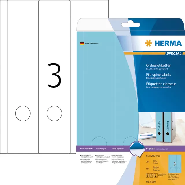 Een Rugetiket HERMA 5138 breed/lang 61x297mm zelfklevend blauw koop je bij De Joma BV