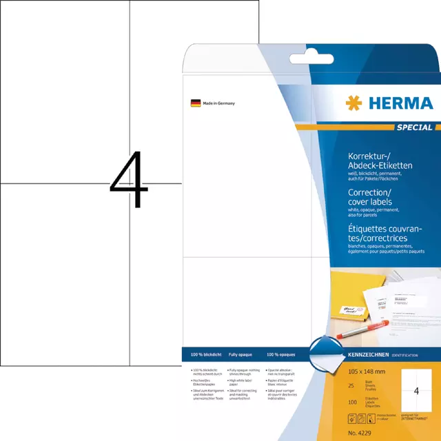 Een Etiket HERMA 4229 105x148mm A6 correctie wit 100st koop je bij All Office Kuipers BV