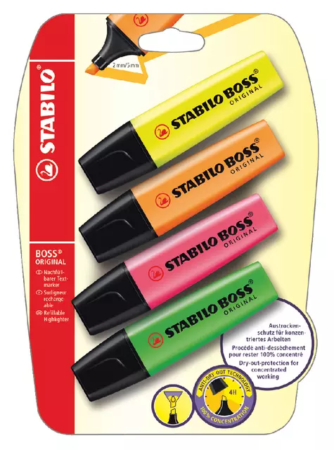 Een Markeerstift STABILO BOSS Original 70/4 assorti blister à 4 stuks koop je bij Zevenbergen de project- en kantoorinrichters bv