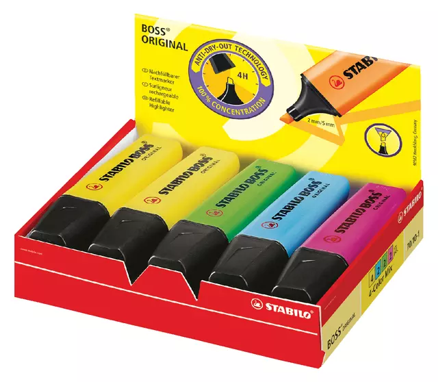 Een Markeerstift STABILO BOSS Original 70/10 assorti 4 kleuren doos à 10 stuks koop je bij Continu Kantoor