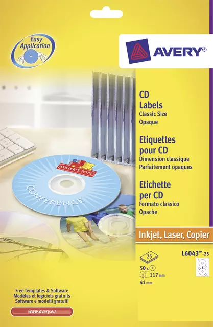 Een Etiket Avery L6043-25 CD wit 50 stuks koop je bij De Joma BV