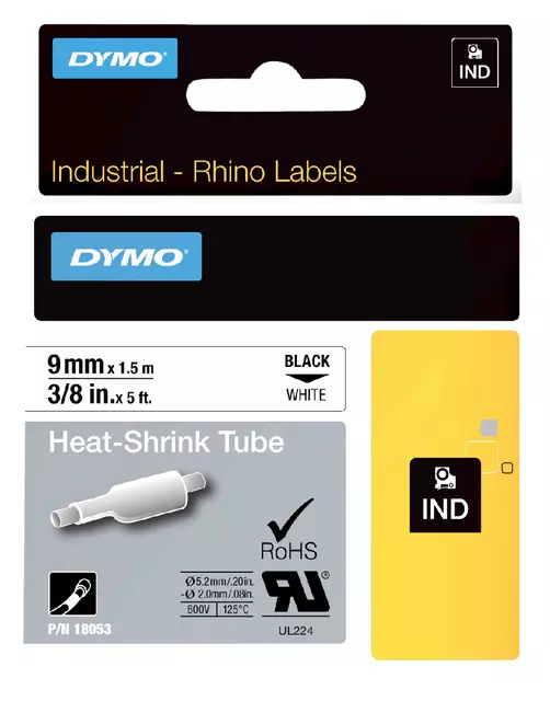 Een Labeltape Dymo Rhino industrieel krimpkous 9mm zwart op wit koop je bij De Joma BV