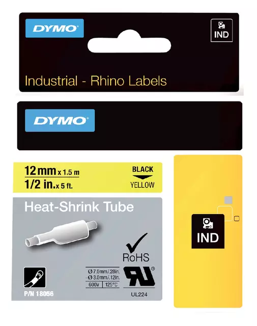 Een Labeltape Dymo Rhino industrieel krimpkous 12mm zwart op geel koop je bij De Joma BV