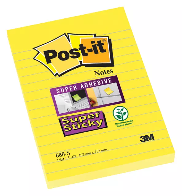 Een Memoblok Post-it 660 Super Sticky 102x152 geel met lijn koop je bij iPlusoffice