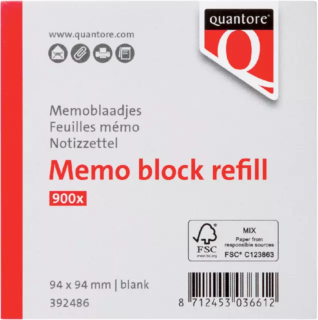 Een Memoblok Quantore losbladig 94x94x90mm 900v koop je bij All Office Kuipers BV