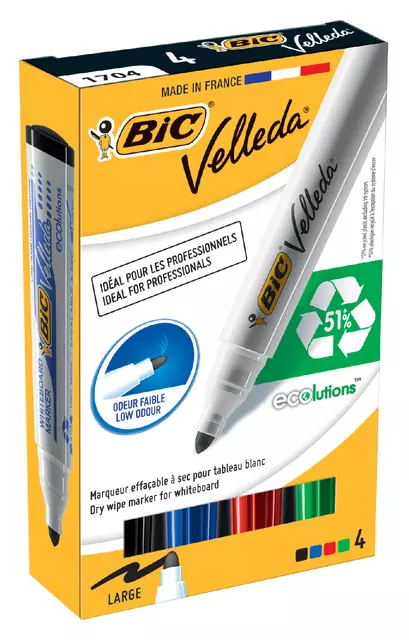 Een Viltstift Bic Velleda 1701 whiteboard rond large assorti doos à 4 stuks koop je bij QuickOffice BV