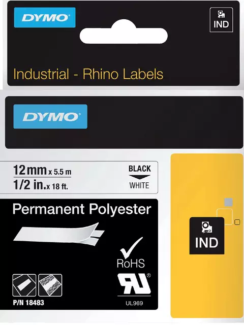 Een Labeltape Dymo Rhino industrieel polyester 12mm zwart op wit koop je bij De Joma BV
