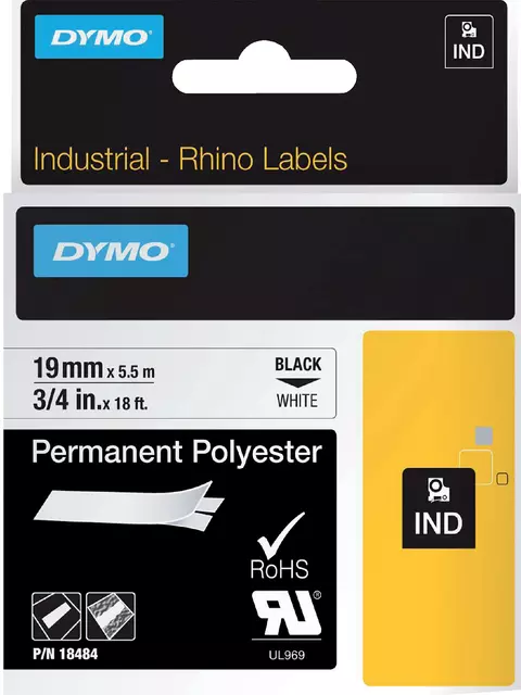 Een Labeltape Dymo Rhino industrieel polyester 19mm zwart op wit koop je bij De Joma BV