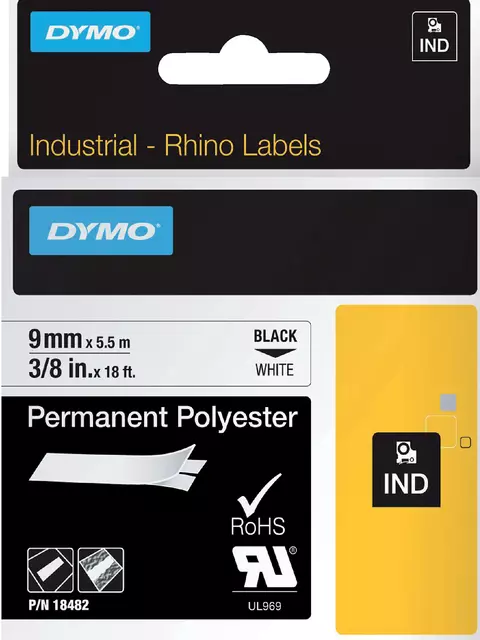 Een Labeltape Dymo Rhino industrieel polyester 9mm zwart op wit koop je bij Zevenbergen de project- en kantoorinrichters bv