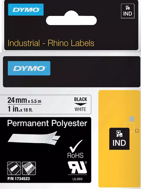 Een Labeltape Dymo Rhino industrieel polyester 24mm zwart op wit koop je bij De Joma BV