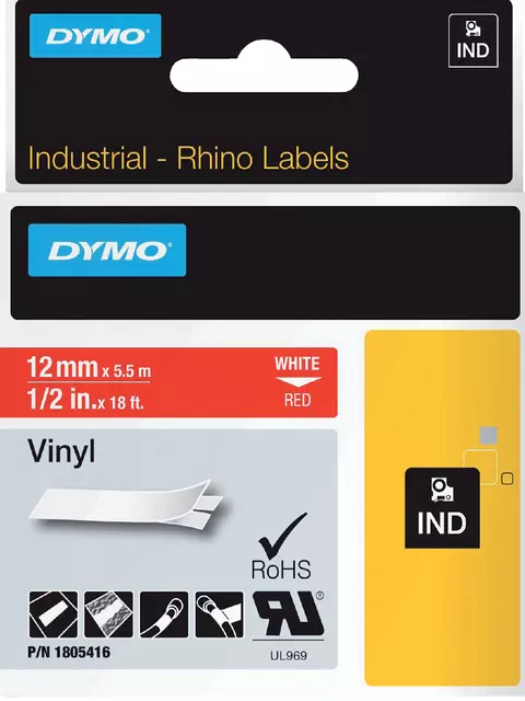 Een Labeltape Dymo Rhino industrieel vinyl 12mm rood koop je bij All Office Kuipers BV