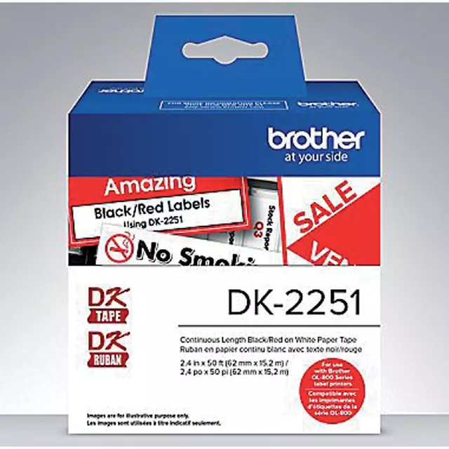 Een LABEL ETIKET BROTHER DK-22251 62MMX15.24M ZW/RD koop je bij All Office Kuipers BV