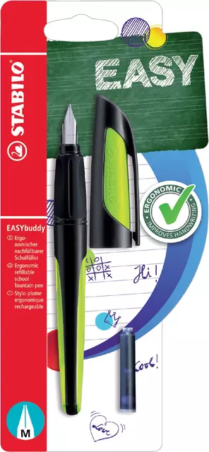 Een Vulpen STABILO Easybuddy rechtshandig medium zwart/lime blister à 1 stuk koop je bij "De Waal" Kantoor Efficiency