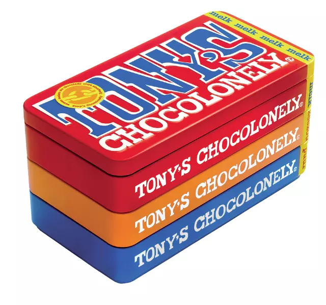 Een Chocolade Tony's Chocolonely puur-melk en karamel zeezout blik 540gr koop je bij QuickOffice BV