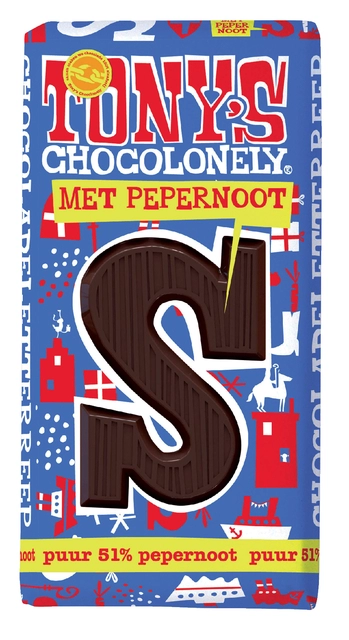 Chocoladeletter Tony's Chocolonely puur pepernoot S 180gr