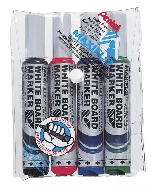 Buy your Viltstift Pentel MWL5M Maxiflo whiteboard rond 3mm assorti set à 4 stuks at QuickOffice BV