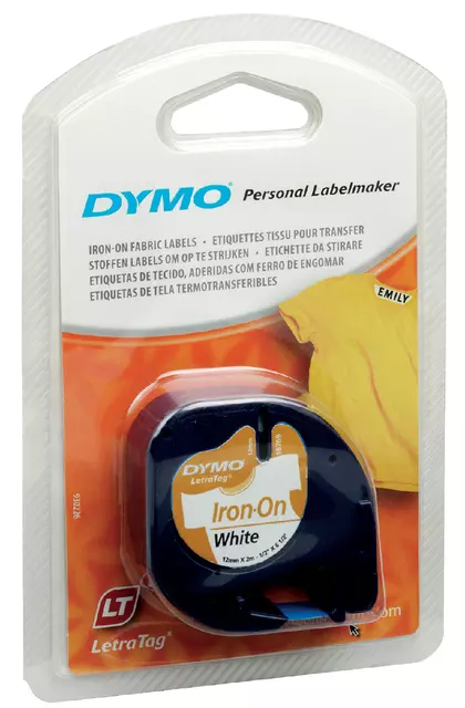 Een Labeltape Dymo letratag 18769 12mmx2m strijkbaar zwart op wit koop je bij De Rijk Kantoorshop