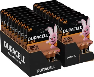 Een Duracell batterij Plus 100% AA, 20 x blister van 4 stuks koop je bij Muys Kantoor & Kado