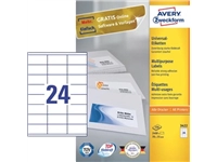 Een Avery Zweckform 3422, Universele etiketten, Ultragrip, wit, 100 vel, 24 per vel, 70 x 35 mm koop je bij Muys Kantoor & Kado