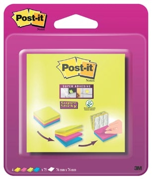 Een Post-it Super Sticky notes, 75 vel, ft 76 x 76 mm, blister van 4 blokken, geassorteerde kleuren koop je bij Muys Kantoor & Kado