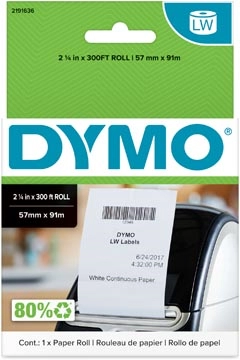 Een Dymo doorlopende labelrol LabelWriter, wit, ft 57 mm x 91 m koop je bij Muys Kantoor & Kado