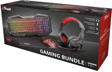 Een Trust GXT 1180RW 4-in-1 Gaming Set met headset, toetsenbord (qwerty), muis en muismat koop je bij Muys Kantoor & Kado