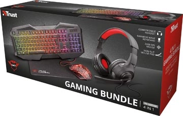 Een Trust GXT 1180RW 4-in-1 Gaming Set met headset, toetsenbord (azerty), muis en muismat koop je bij Muys Kantoor & Kado