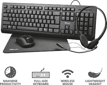 Een Trust Primo 4-in-1 Home Office Set met headset, toetsenbord (qwerty), muis en muismat koop je bij Muys Kantoor & Kado