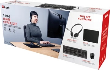 Een Trust Primo 4-in-1 Home Office Set met headset, toetsenbord (qwerty), muis en muismat koop je bij Muys Kantoor & Kado