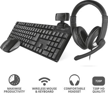 Een Trust Qoby 4-in-1 Home Office Set met Webcam, headset, toetsenbord (azerty) en muis koop je bij Muys Kantoor & Kado