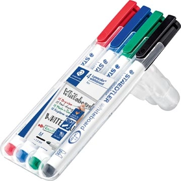 Een Staedtler whiteboard pen Lumocolor Pen, opstelbare box met 4 stuks in geassorteerde kleuren koop je bij Muys Kantoor & Kado