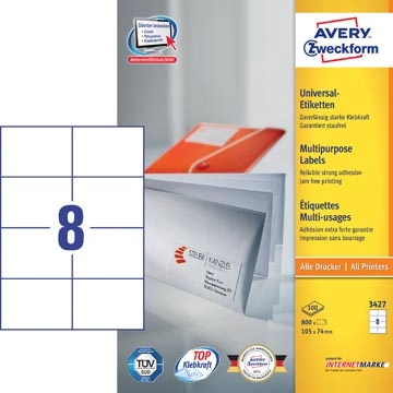 Een Avery Zweckform 3427, Universele etiketten, Ultragrip, wit, 100 vel, 8 per vel, 105 x 74 mm koop je bij Muys Kantoor & Kado