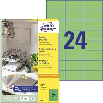 Een Avery gekleurde universele etiketten ft 70 x 37 mm (b x h), 2400 stuks, groen koop je bij Muys Kantoor & Kado