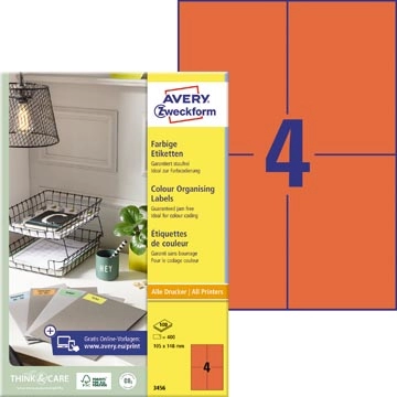 Een Avery gekleurde universele etiketten ft 105 x 148 mm (b x h), 400 stuks, rood koop je bij Muys Kantoor & Kado