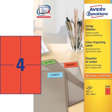 Een Avery gekleurde universele etiketten ft 105 x 148 mm (b x h), 400 stuks, rood koop je bij Muys Kantoor & Kado