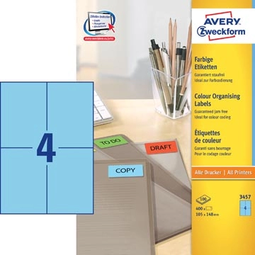 Een Avery gekleurde universele etiketten ft 105 x 148 mm (b x h), 400 stuks, blauw koop je bij Muys Kantoor & Kado