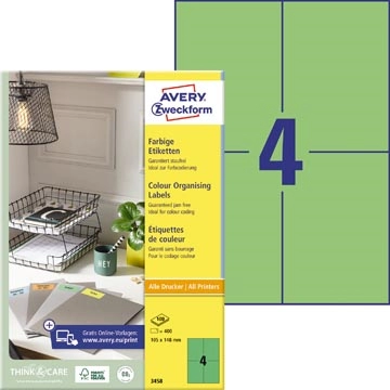 Een Avery gekleurde universele etiketten ft 105 x 148 mm (b x h), 400 stuks, groen koop je bij Muys Kantoor & Kado