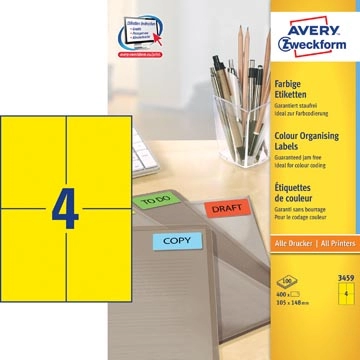 Een Avery gekleurde universele etiketten ft 105 x 148 mm (b x h), 400 stuks, geel koop je bij Muys Kantoor & Kado