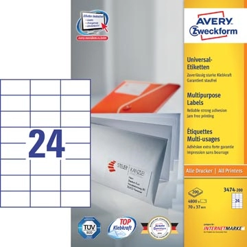 Een Avery Zweckform 3474, Universele etiketten, Ultragrip, wit, 200 vel, 24 per vel, 70 x 37 mm koop je bij Muys Kantoor & Kado