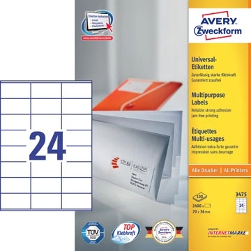 Een Avery Zweckform 3475, Universele etiketten, Ultragrip, wit, 100 vel, 24 per vel, 70 x 36 mm koop je bij Muys Kantoor & Kado