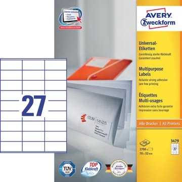 Een Avery Zweckform 3479, Universele etiketten, Ultragrip, wit, 100 vel, 27 per vel, 70 x 32 mm koop je bij Muys Kantoor & Kado